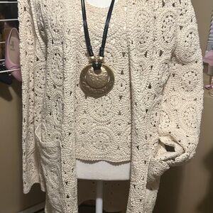 Martha Stewart Cream Crochet Openwork Cardigan Sweater